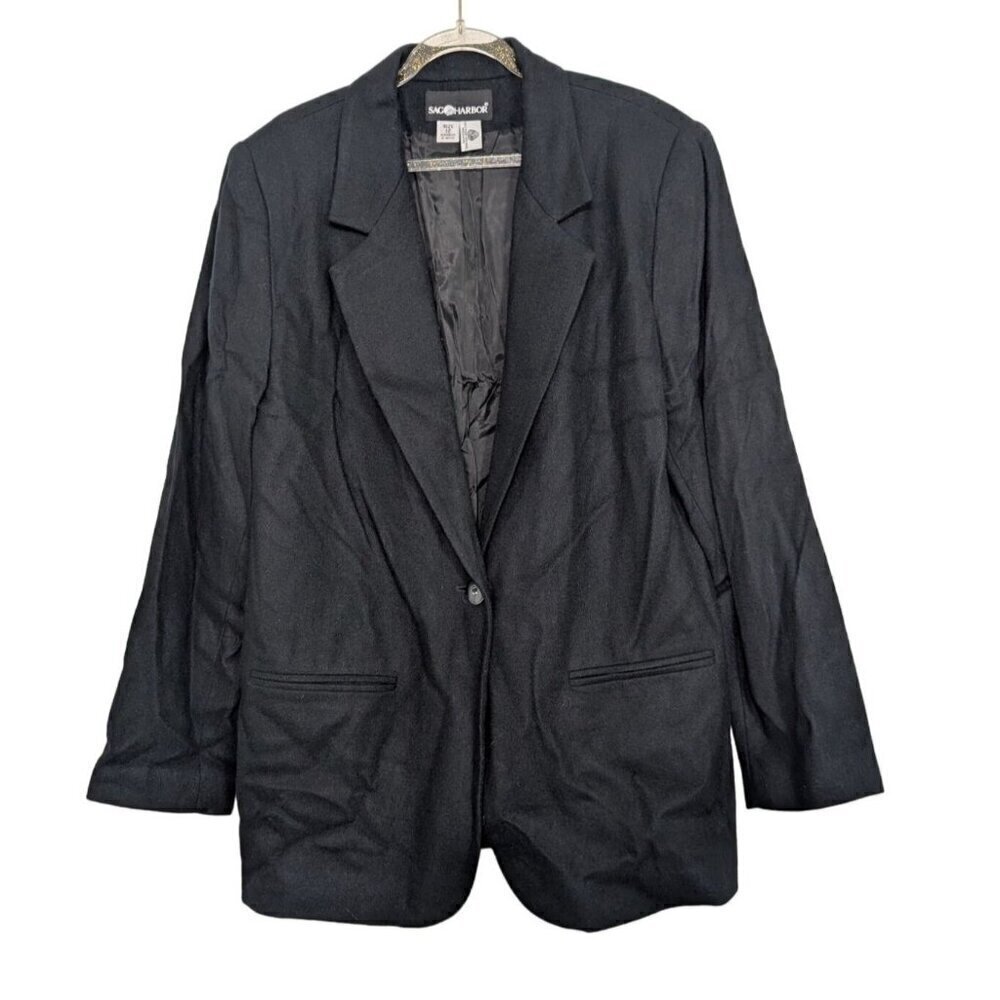 Vintage Wool Blazer Womens Size Large 12 Black 1 Button Structured Jacket